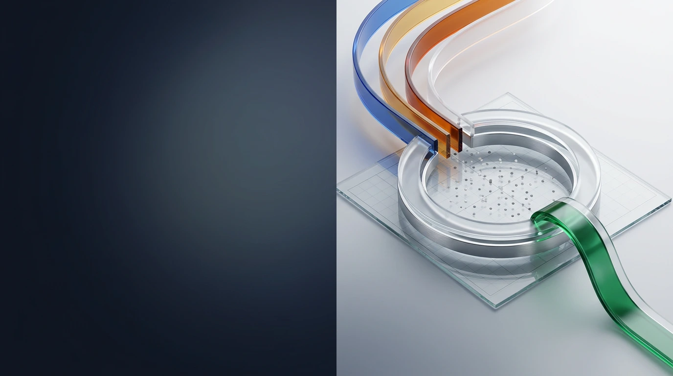 Coloured ribbons enter an abstract circular analytical vessel