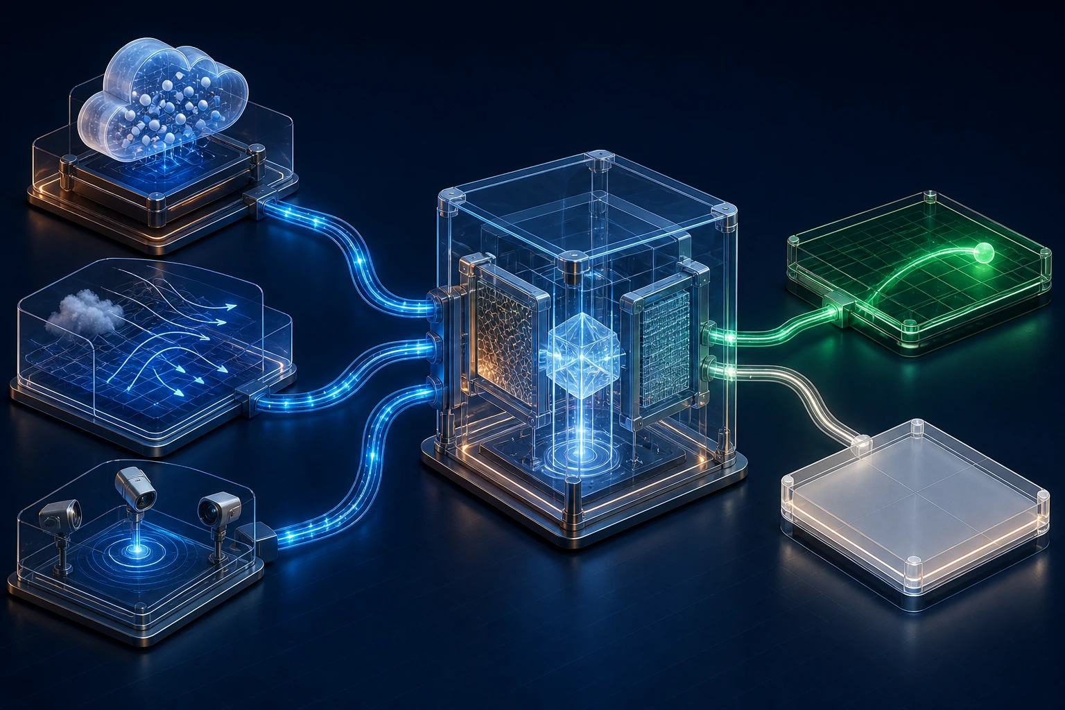 Illustrative data paths connect cloud, weather and field-like structures to a central transparent cube
