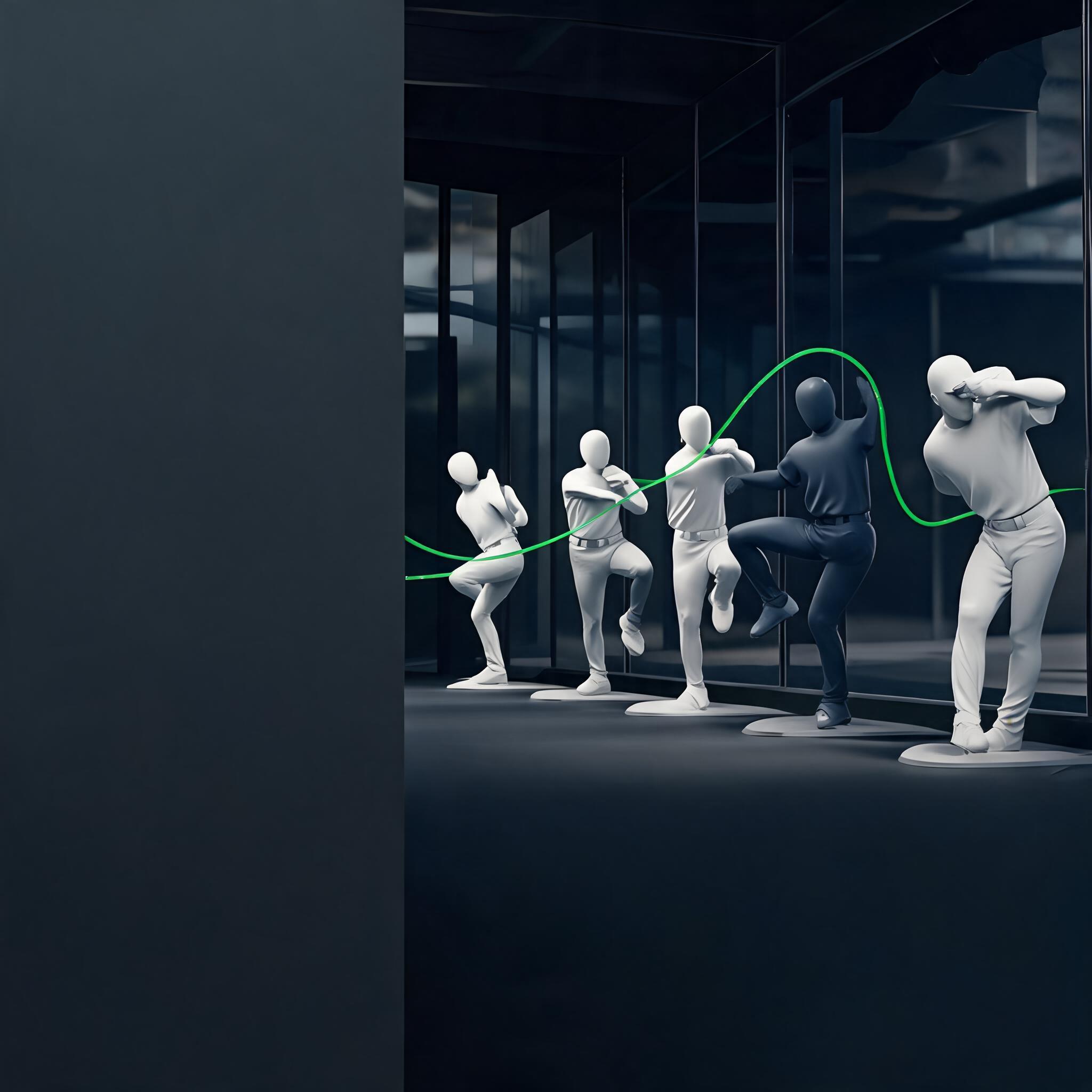 Generic sculptural pitching figures inside a dark training space