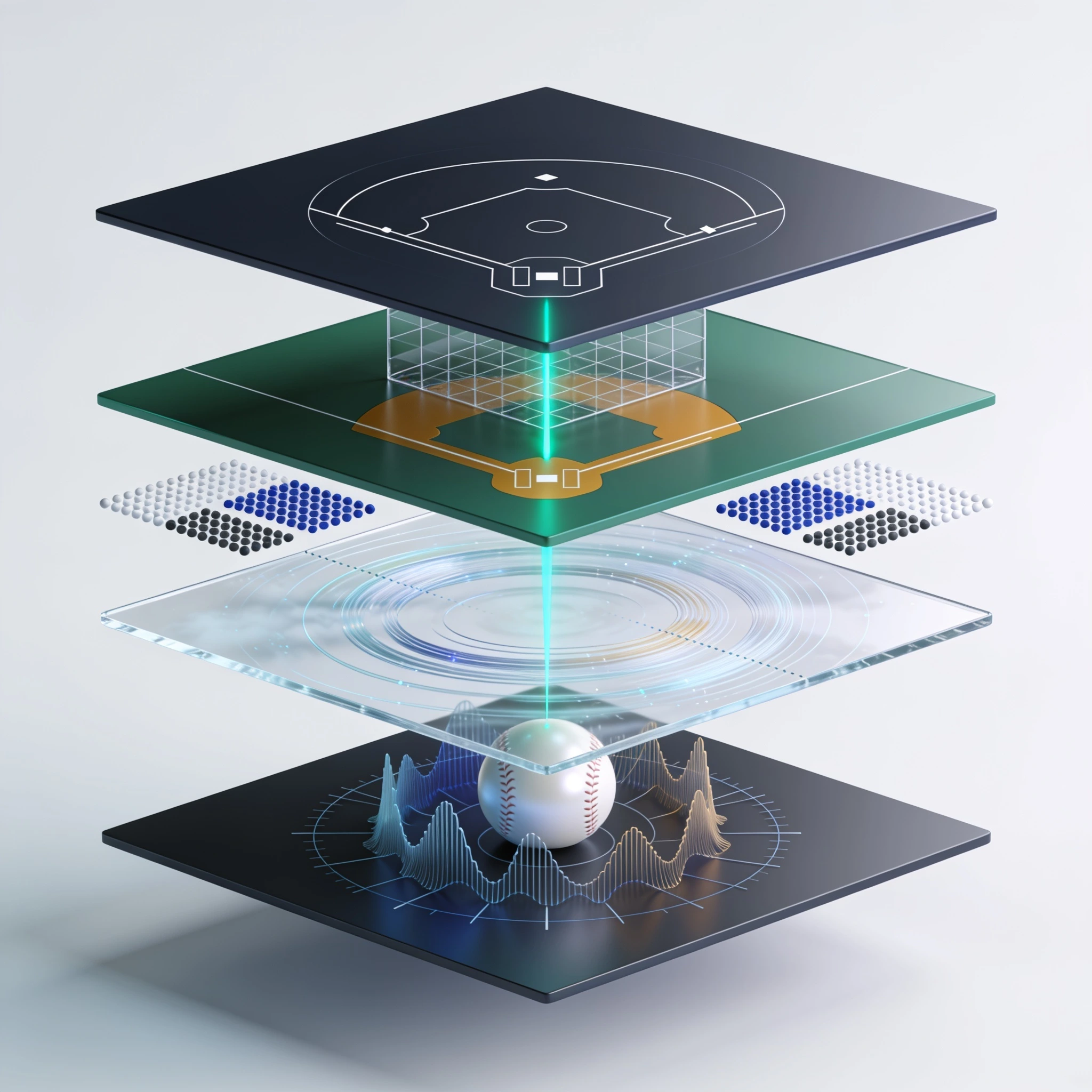 A baseball and transparent layers beneath a stylised field diagram