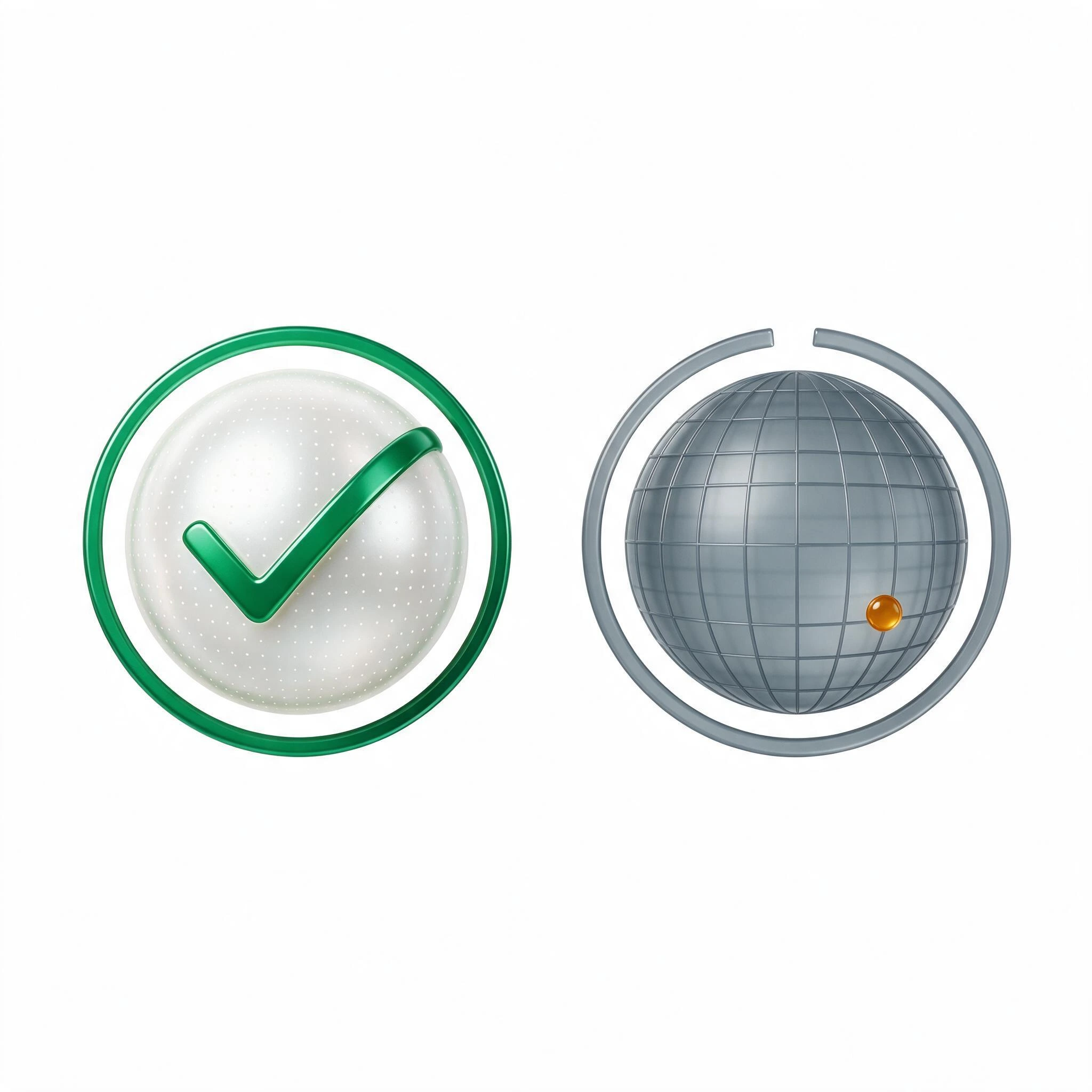 A stylised green check mark beside a grey globe, presented as an illustration